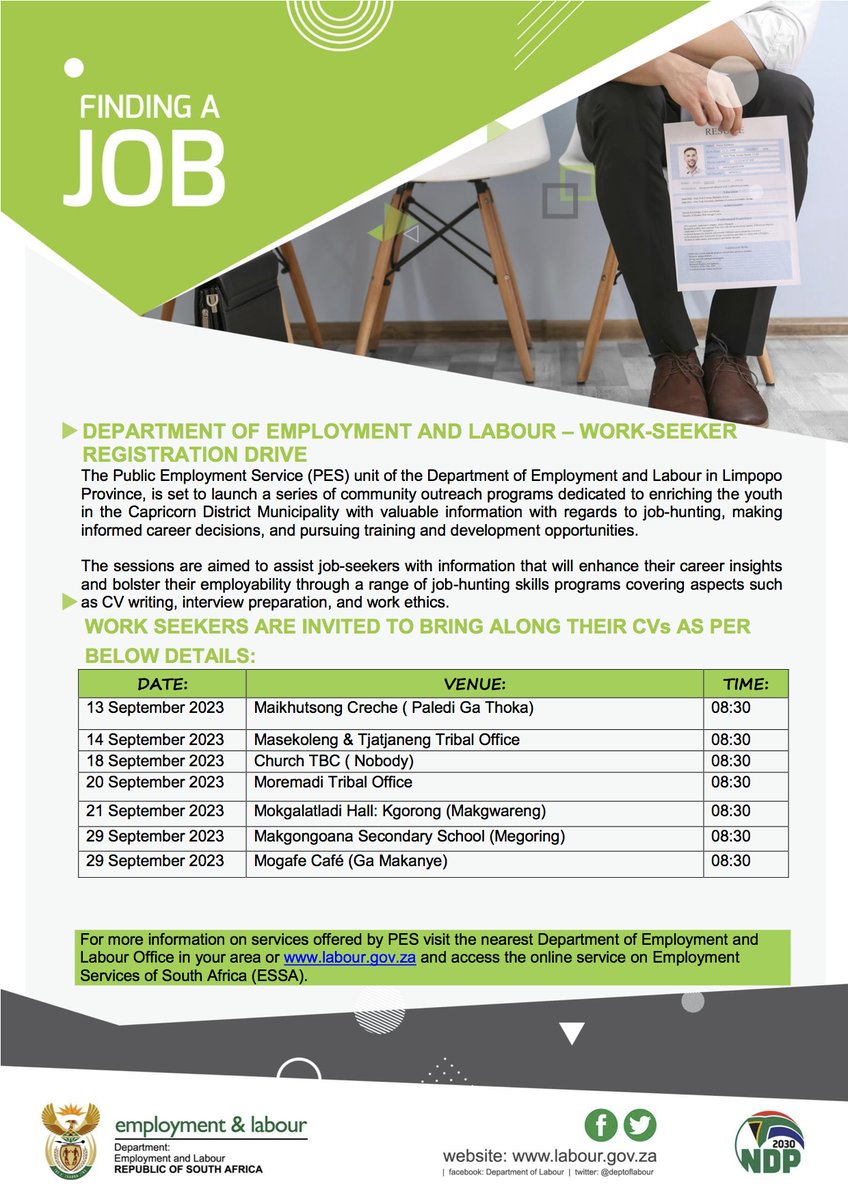 OtpLimpopo's tweet photo. Public Employment Services set to conduct community outreach sessions targeting work-seekers in the Capricorn District – Limpopo Province #FindingAJob #LeaveNoOneBehind #LetsGrowLimpopoTogether #HeritageMonth2023 https://t.co/XjqG81HOQr