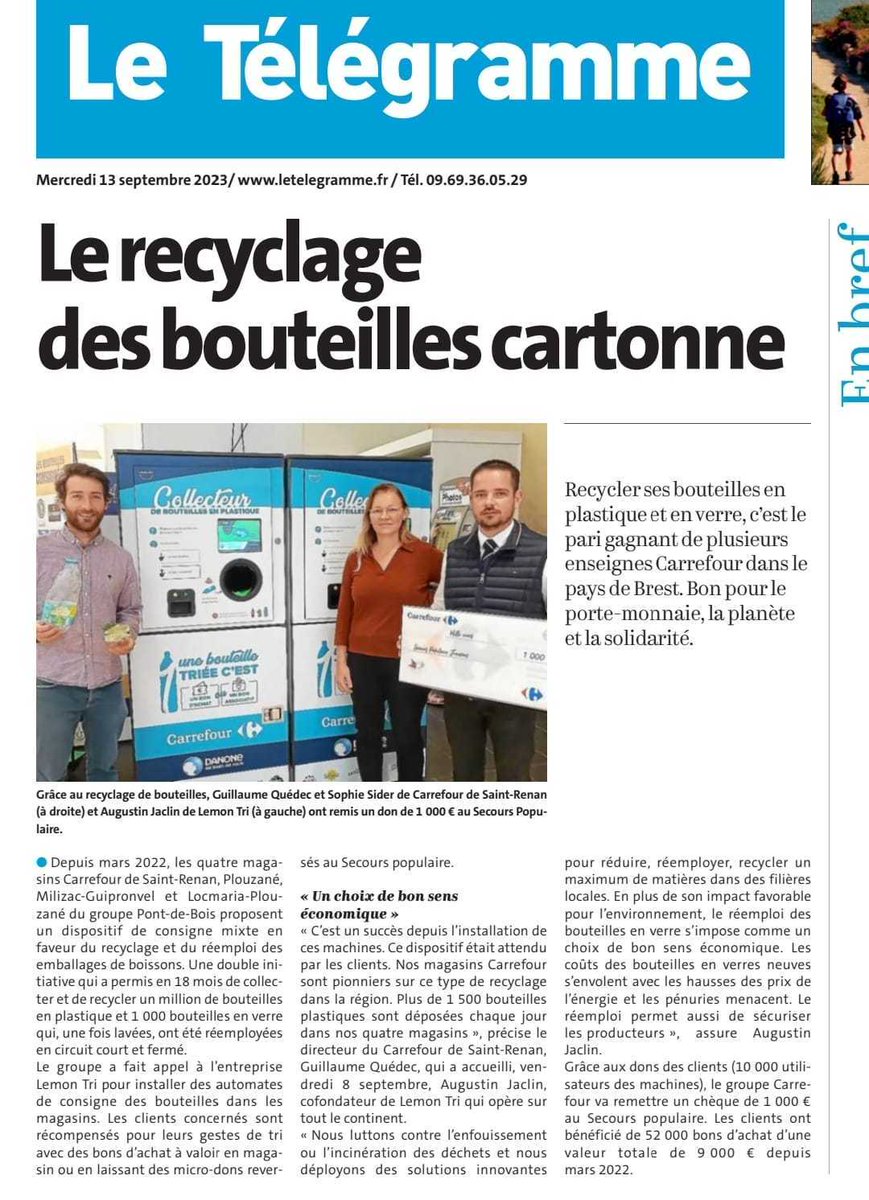 En #Bretagne, Lemon Tri est fière de remettre la #consigne au goût du jour dans quatre magasins <a href="/CarrefourFrance/">Carrefour</a> de l’agglomération brestoise ! À retrouver dans <a href="/LeTelegramme/">Le Télégramme</a> 📰🍋