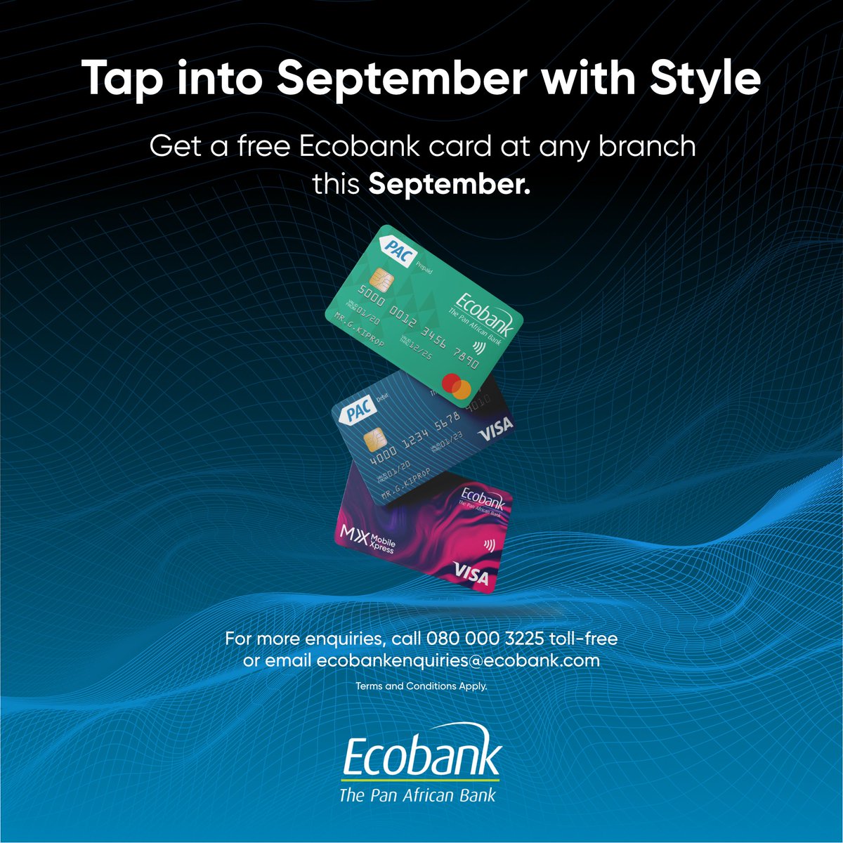 EcobankGhanaPLC's tweet photo. #September just got more exciting! 🌟 Pay NO ISSUANCE FEES for your Ecobank debit or credit card this #month. Visit any #Ecobank branch and get yours today!
#EcobankCards #FreeCardSeptember #ThePanAfricanBank https://t.co/yBHlAIzA7d