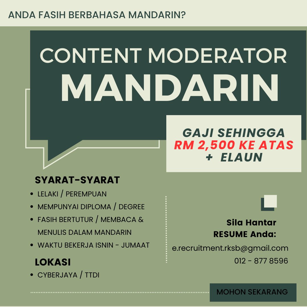 Easy_FastJobs's tweet photo. *KEMASUKKAN SEGERA*
Anda boleh bercakap berbahasa Mandarin tetapi tidak tahu ingin mencari pekerjaan bagaimana?
Kami menawarkan pekerjaan sebagai
Content Moderator Mandarin Speaker!!!

Gaji yang sangat BANYAK DAN PELBAGAI ELAUN disediakan!! Cepat hantar resume anda!! https://t.co/e0e5F6zaoC