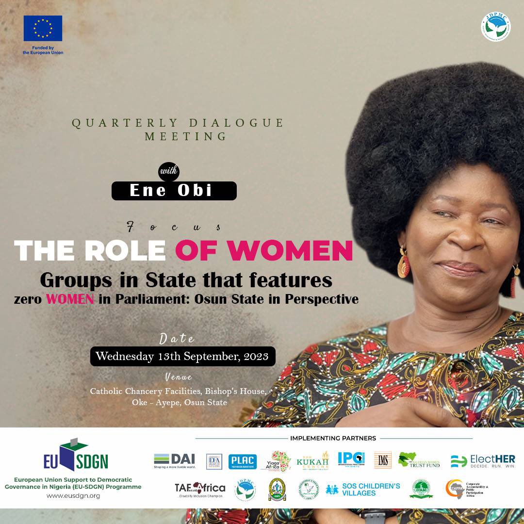 HAPPENING TODAY INSIDE ÒṢOGBO 

A Quarterly Dialogue Meeting with Ene Obi (Immediate Past Country Director of @ActionAid & Convener of Nigeria Election Situation Room)

- The Role of Women Groups in a State Without Women Representatives in Parliaments: Osun State in Perspectives