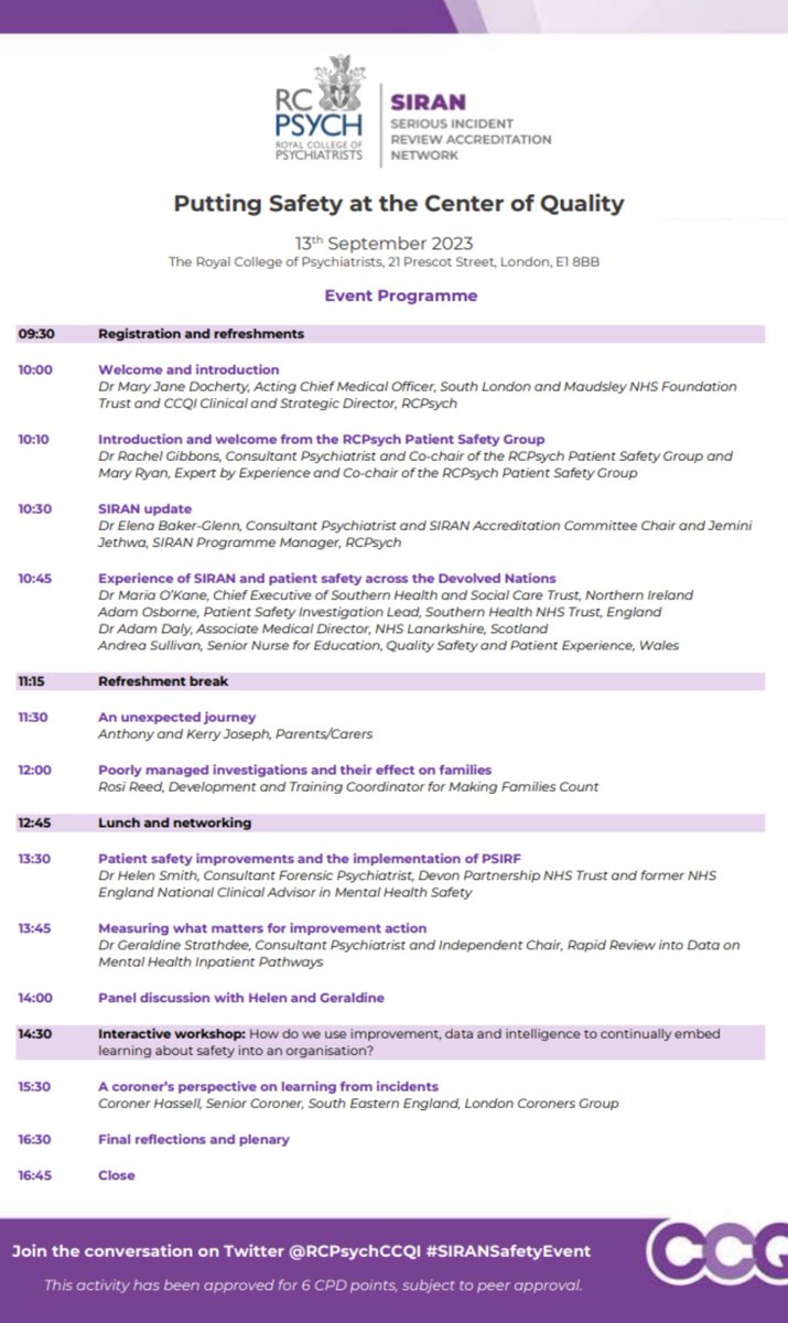 AdamOsborne44's tweet photo. For those interested, here is the @rcpsychCCQI @rcpsych #SIRANSafetyEvent programme for today.

#PatientSafety #PSIRF @Southern_NHSFT https://t.co/GSXSq149lS