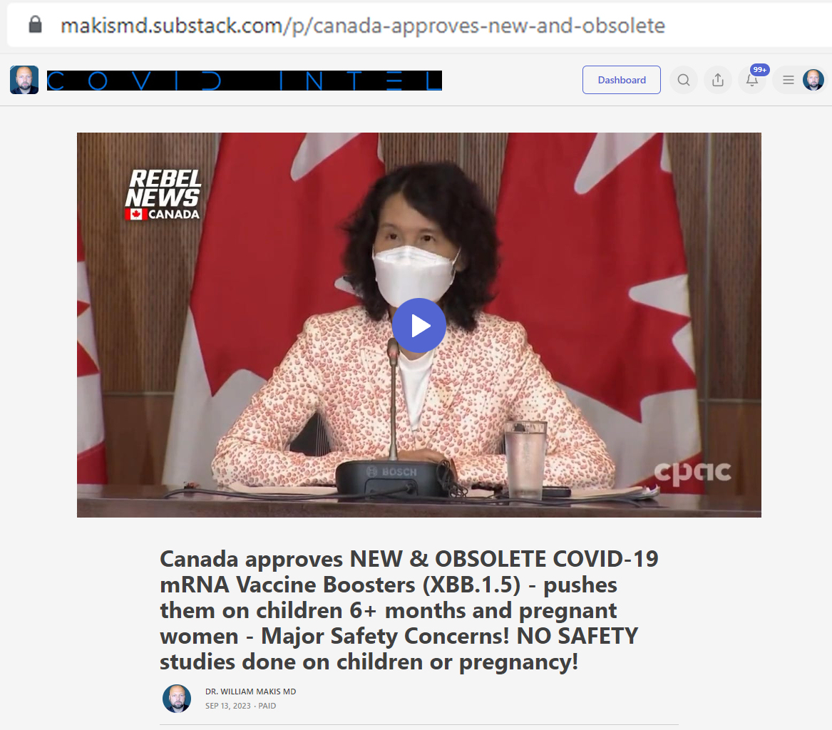 MakisMedicine's tweet photo. NEW ARTICLE: Canada approves NEW & OBSOLETE COVID-19 mRNA Vaccine Boosters (XBB.1.5), pushes them on children 6+ mo & pregnant women - Major Safety Concerns!  

NO SAFETY studies done on children or pregnancy! 

XBB.1.5 is virtually extinct - yet FDA & Health Canada just approved a COVID-19 vaccine booster against XBB.1.5 - this is all risk and NO BENEFIT.

Only “safety study” done on this new product was 50 adults monitored for 20 days, with no control group! This is medical fraud.  

No safety studies done on children 6 months or older (recommended by Health Canada ANYWAYS) - this is medical malfeasance and malpractice.  

FDA Member who voted NO cited “extremely limited data on children and infants” and concerns about "side effects in young adults & young adult males"  

No safety studies done on pregnant women (recommended by Health Canada ANYWAYS) - this is medical malfeasance and criminal. 

“Reactogenicity was similar to prior doses of the original Spikevax vaccine and Spikevax Bivalent”   

This is an admission that we will see 1000s of COVID-19 mRNA vaccine induced injuries & deaths of children, young adults and pregnant women (I’ve documented thousands of these on my social media  

“Spikevax XBB.1.5 vaccine is manufactured by the same process as the currently approved Spikevax formulations”  

This is an admission that we will see potentially lethal “hot lots”, “bad vaccine batches”, metallic contamination in vials, DNA plasmid contamination, SV40 promoter and all the quality control problems of the original products! They’ve done nothing to improve quality control!  

Where this is going: Health Canada intends to continue injuring and killing thousands of children, young adults, pregnant women, the immuno-compromised and other vulnerable groups with these new, obsolete, toxic COVID-19 mRNA Vaccine XBB.1.5 booster shots.  

There is an “internationally agreed upon” push to re-brand these toxic, failed experimental mRNA gene therapy products as “updated vaccines” or “annual vaccines” and stop using the word “booster”. This is in both Canada and the US.  

The goal is to make these “annual COVID-19 vaccines” MANDATORY as a condition of being able to visit your family doctor (you don’t get to see a doctor unless you have your updated annual COVID-19 vaccine).  

All doctors and nurses will be forced (mandated) to have this new COVID-19 XBB.1.5 booster and will be forced to push it on all their patients or they will be stripped of their licenses, fined and possibly jailed (already law in Bill 36 in British Columbia)  

Finally, they want 2 or 3 of these new updated COVID-19 XBB.1.5 boosters in children under the age 5 (the only group they’re pushing multiple shots on) 

EVERY PARENT should ask themselves WHY?!

Article link in photo to avoid shadowban, just re-type URL into your browser  

#DiedSuddenly #cdnpoli #ableg