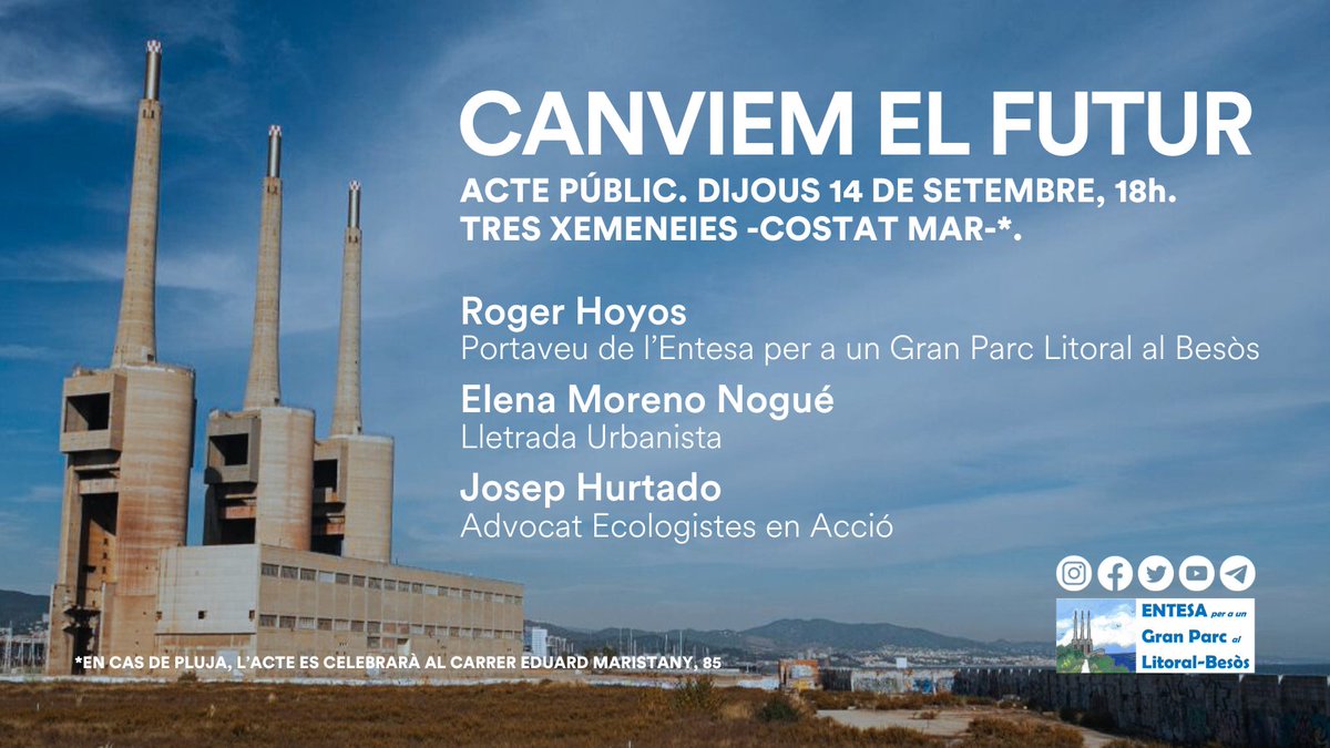 Demà comença una nova etapa. Canviem el futur del litoral de les Tres Xemeneies! 🏭

Contra l'especulació urbanística. Per la renaturalització de la desembocadura del riu Besòs. Per la nostra salut i per la del planeta 🌍

Us hi esperem! 👋