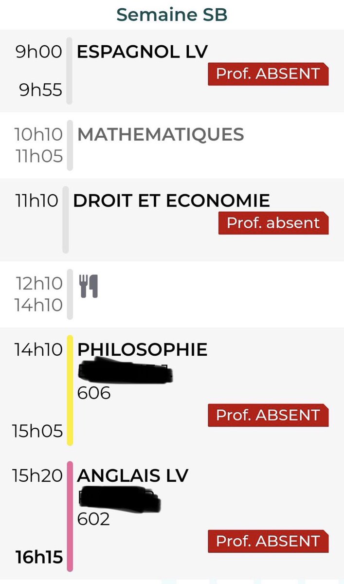 CerfiaFR's tweet image. 🇫🇷🏫 Voici le témoignage d'un parent d'élève exaspéré par la situation de son fils à #ChampignySurMarne, en région parisienne : 

« Voici l’emploi du temps de mon fils en classe de terminal. S’il n’y avait qu’un seul prof absent se serait bien, on en est loin. La situation est…
