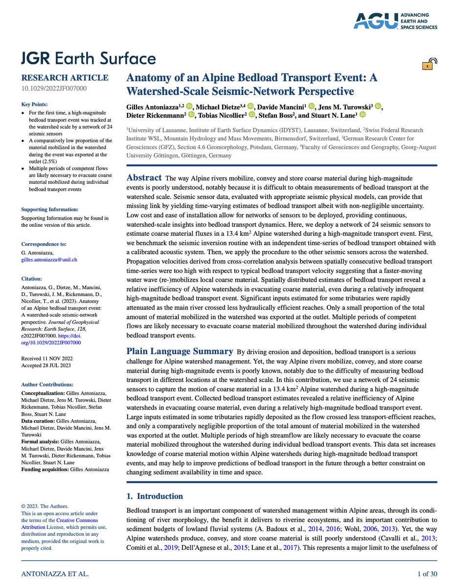 alp_wise's tweet photo. New paper published by Antoniazza G., Dietze M. Mancini D. and Lane SN.
Anatomy of an #Alpine #Bedload #Transport Event: A Watershed-Scale #Seismic-Network Perspective
https://t.co/Jr7qcGSiFo https://t.co/kkJ2njIozT