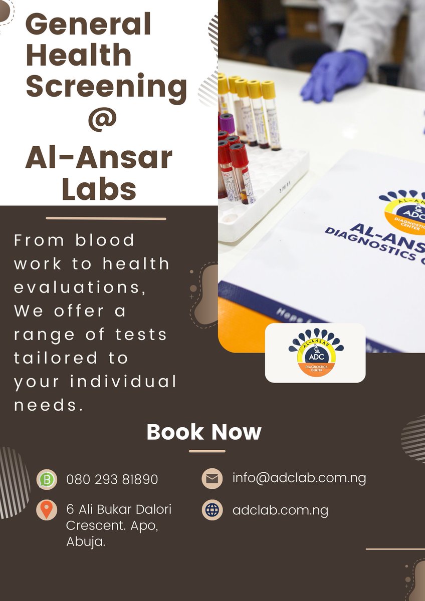 🌞 Invest in Your Well-being! 🌿

Elevate your health game with Al-Ansar Diagnostics Center's General Health Screening Tests right here in vibrant Abuja! 🩺🌼 Whatsapp 08029381890
#HealthScreening #WellnessJourney #HealthMatters #AlAnsarDiagnostics #AbujaHealthcare #MedicalLab