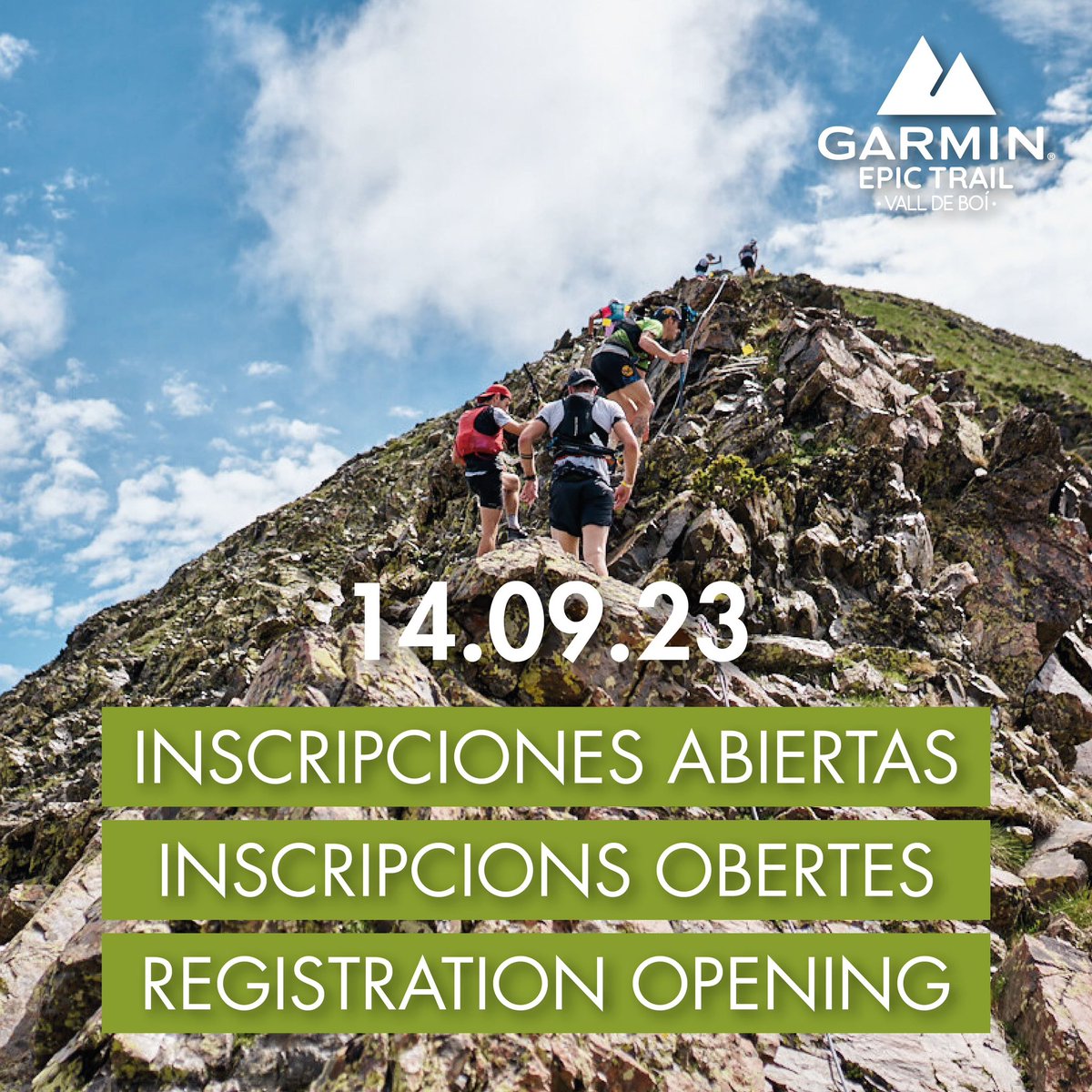 🚨 ¡Actívate la alarma!

🔜 Mañana abrimos inscripciones para la Garmin Epic Trail Vall de Boí.

ℹ️ garminmountainfestival.com