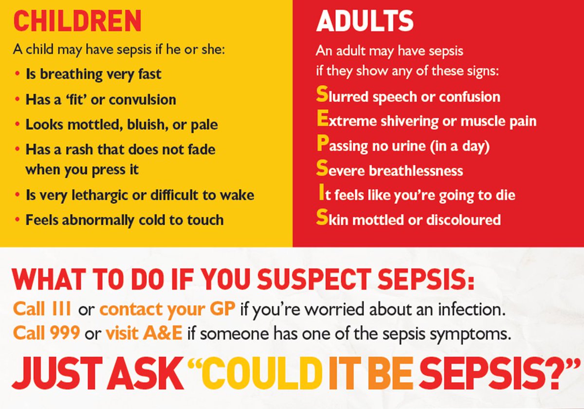 Today is #WorldSepsisDay. Symptom infographic provided by the @UKSepsisTrust Just ask - could it be Sepsis? @BlackpoolHosp @BlackpoolHospED