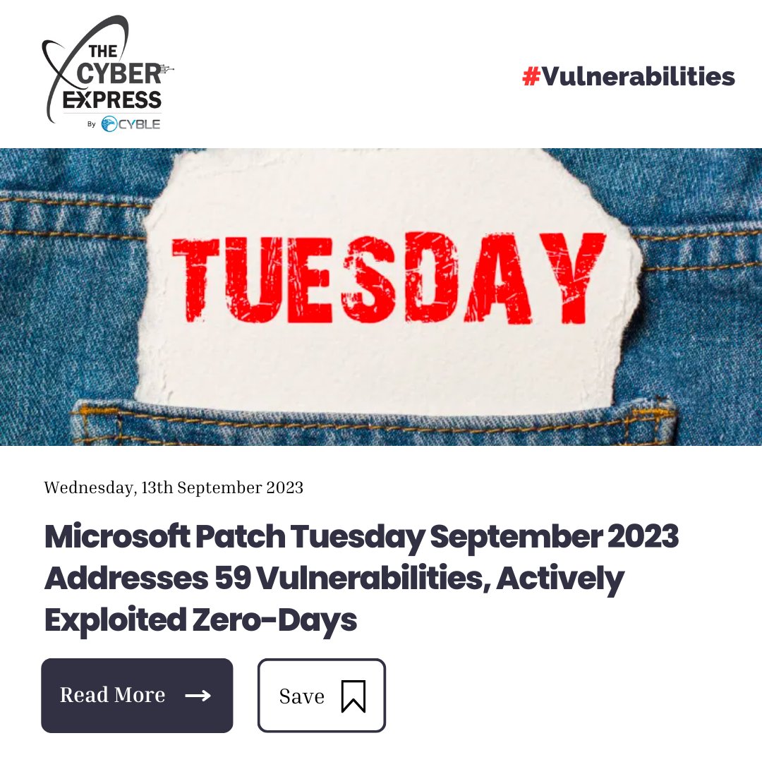 TheCyberExpress's tweet image. Microsoft&apos;s Patch Tuesday, September 2023, is here, addressing 59 #vulnerabilities, including actively exploited zero-days. Discover the key fixes and updates for Windows 10 and 11. Read Now! 👉bit.ly/3ED7LWw 

 #CyberSecuritynews #MicrosoftPatch #TechUpdates