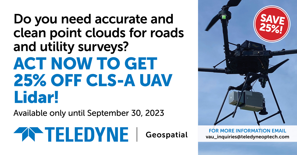 tdygeospatial's tweet image. Do you need accurate and clean point clouds for roads and utility surveys? There is still time for you to get 25% off CLS-A survey grade UAV lidar, available only until September 30, 2023! teledyneoptech.com/en/contact/con…