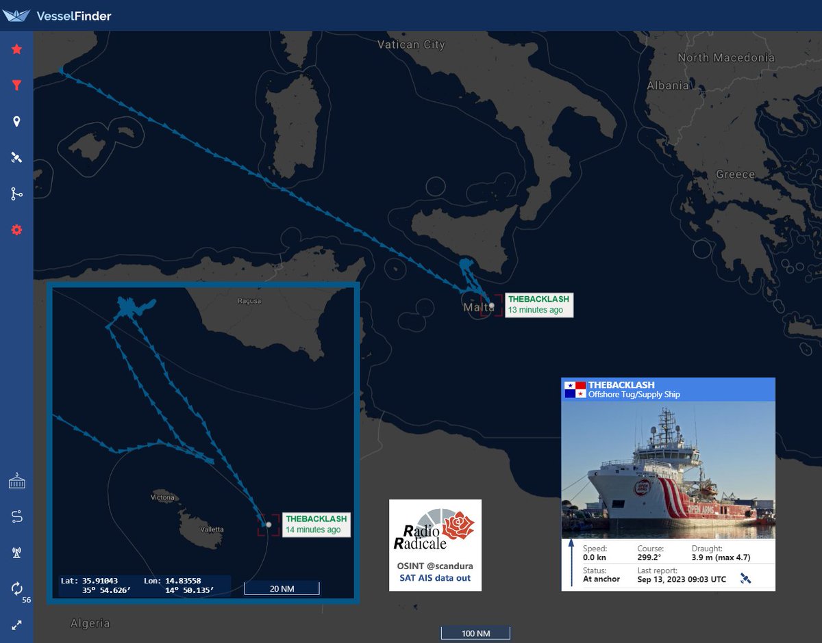 scandura's tweet photo. 🚢#TheBackLash 🇵🇦 è il nuovo nome della ex #OpenArmsOne. La nave di soccorso civile, arrivata da alcuni giorni in area, ha cambiato bandiera da Spagna 🇪🇸 a Panama 🇵🇦. Nave ed equipaggio sono del magnate argentino Enrique Piñeyro che è l'armatore; SAR team a bordo è ONG #OpenArms. https://t.co/K3QrDRlTXD
