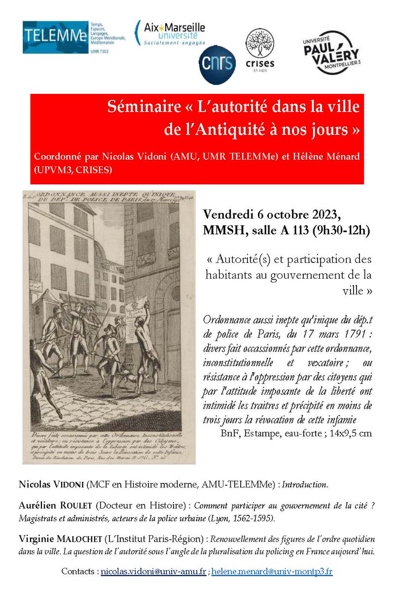 La prochaine séance du séminaire 'L'autorité dans la ville de l'Antiquité à nos jours' se tiendra à la MMSH d'Aix-en-Provence le vendredi 6 octobre. @TELEMMe @univpaulvalery