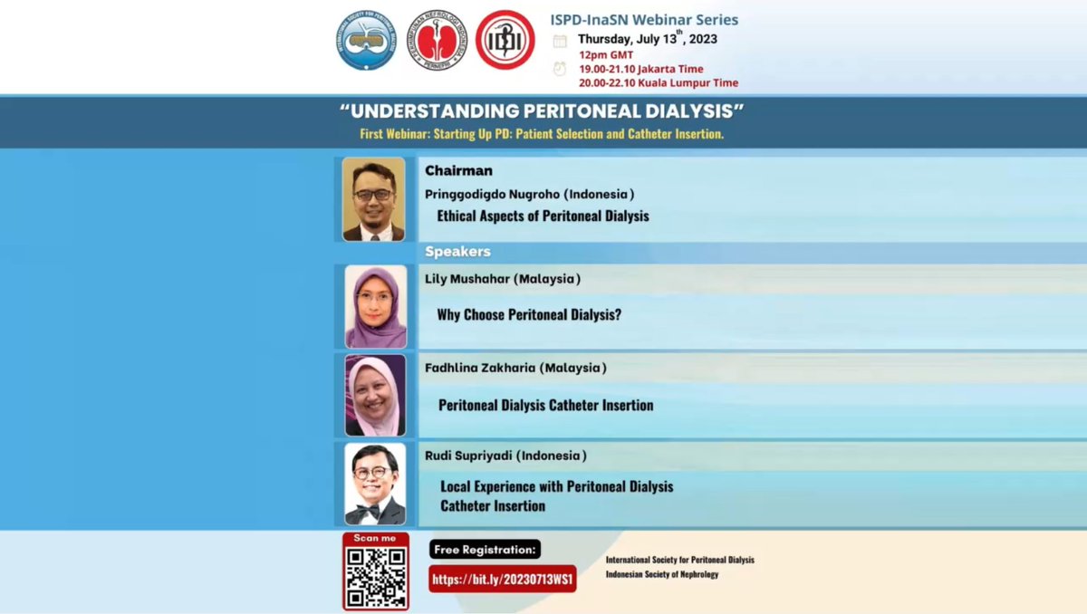 Direct link to the first webinar: #PeritonealDialysis in Indonesia (2023-I): Focus on patient selection and catheter insertion
youtu.be/an3hzk5qZOg