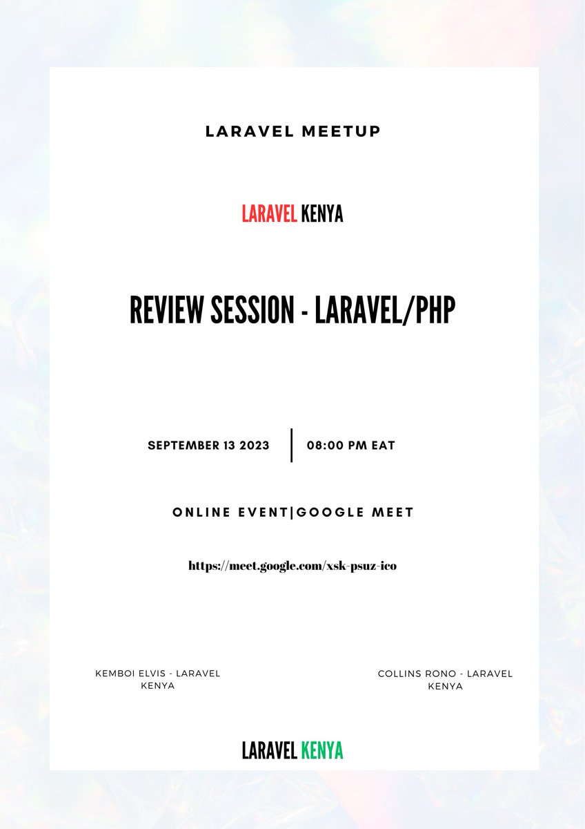 Join us for a Laravel Kenya Community Review Session! Let's Reflect, Learn, and Elevate Together. 🚀 Today at 8:00 P.M EAT #LaravelCommunity #CodeReview #LaravelKenya #PHP  #ContinuousLearning