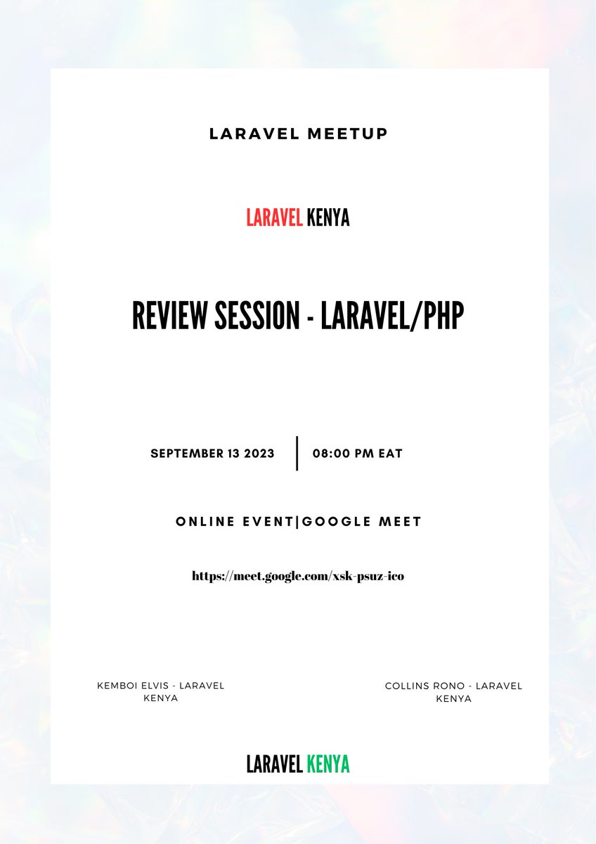 LaravelKenya's tweet image. Join us for a Laravel Kenya Community Review Session! Let's Reflect, Learn, and Elevate Together. 🚀 Today at 8:00 P.M EAT #LaravelCommunity #CodeReview #LaravelKenya #PHP #ContinuousLearning