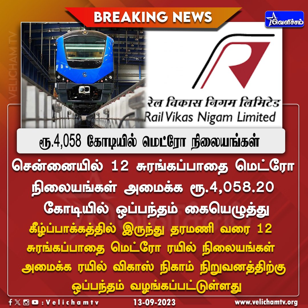 velichamtvtamil's tweet photo. ரூ.4,058 கோடியில் 12 மெட்ரோ நிலையங்கள் - ஒப்பந்தம் கையெழுத்து #Chennai | #MetroRail | #MetroRailStation | #VelichamTV https://t.co/JRVlNMtnNk
