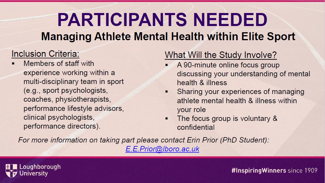 📢📢📢 PARTICIPANTS NEEDED 📢📢📢
If you work as part of a multi-disciplinary team in sport and would like to share your experiences of supporting athlete mental health &amp; illness, please get in touch! 🙏🙏🙏
Plz RT <a href="/LboroSport/">Loughborough Sport</a> <a href="/LboroSSEHS/">LboroSSEHS</a> 
#sport #mentalhealth #mentalillness