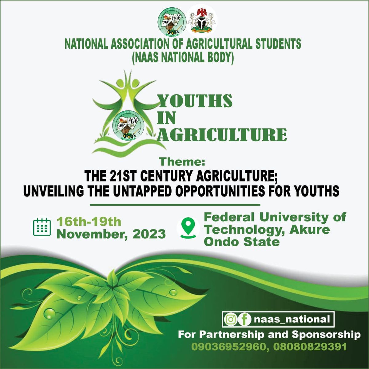 It's time to transform the face of Agriculture....Let's unveil the many opportunities lying low in Agriculture for our own betterment and also for the progress of our dear Nation #youthsinAgriculture
#naasnational @Naasnational13 
Will be hosting this event in November