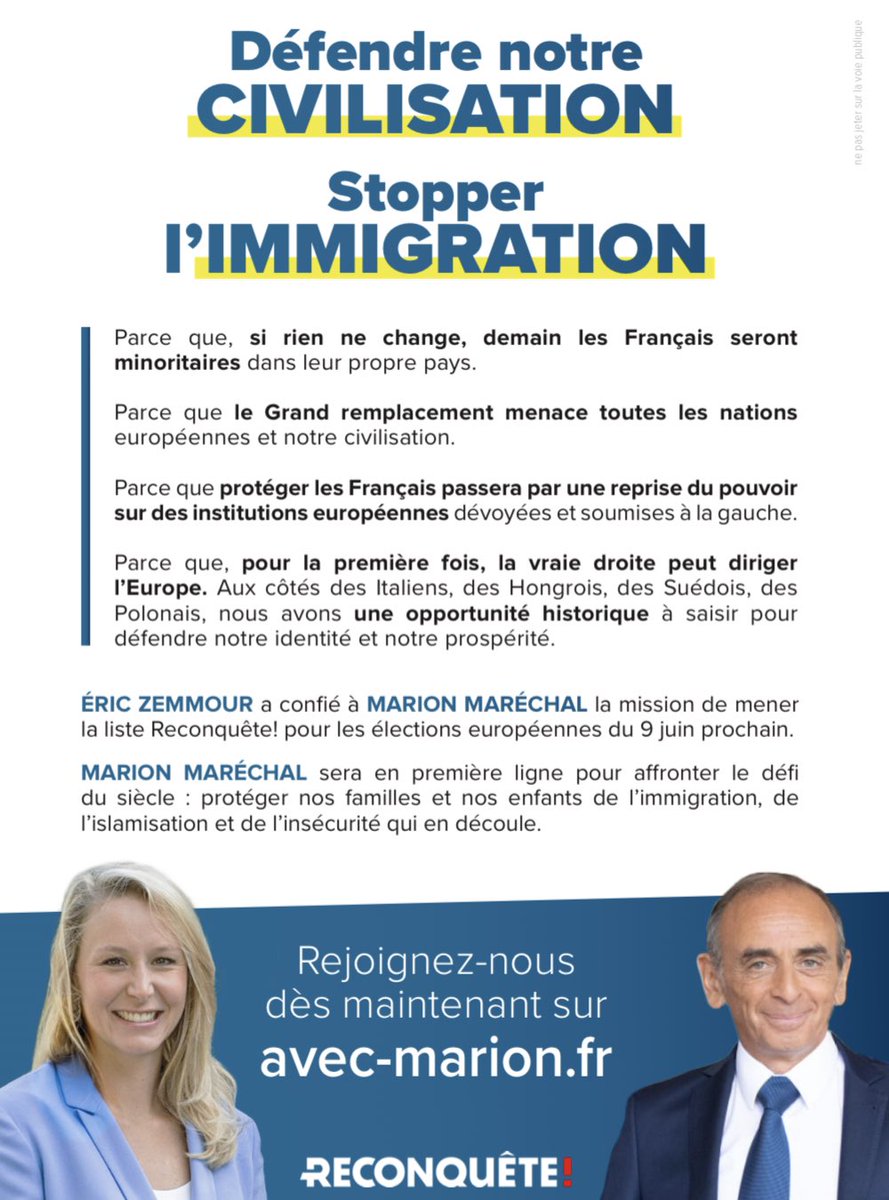 Reconquete_off's tweet photo. 🔴 Défendre notre civilisation, stopper l’immigration !

Découvrez notre nouveau tract pour les élections européennes avec @ZemmourEric et @MarionMarechal !

Bientôt dans toutes vos villes et vos boîtes aux lettres. ⤵️ https://t.co/LGriiAVeAN
