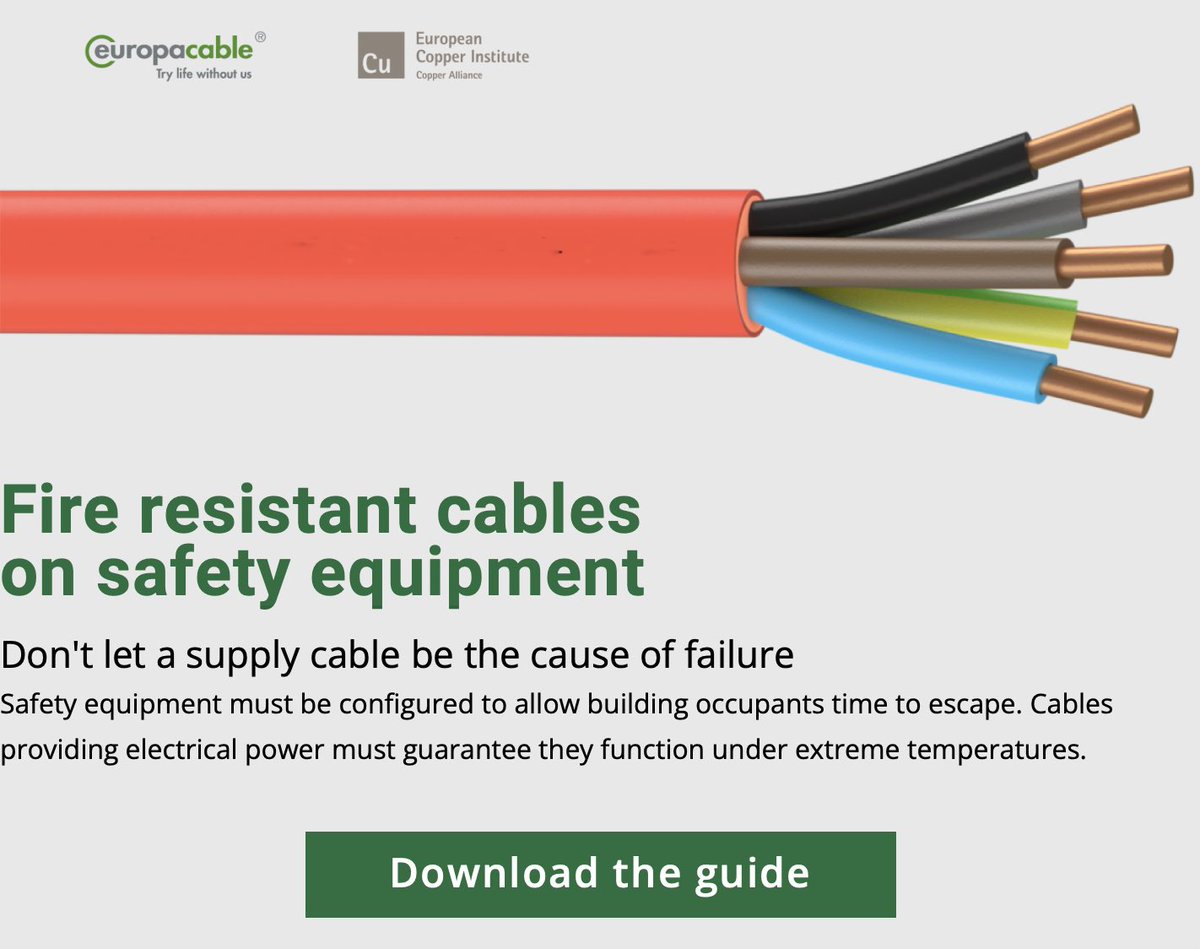 Our members, @Europacable &amp; <a href="/ThinkCopperEU/">ICA Europe</a>, published a free guide on electrical cable sizing for fire safety equipment.
✅ choose a certified fire-resistant cable
✅ determine the right cable cross section with a sufficient margin of safety
Download copy pages.voltimum.co.uk/Europacable_EC…