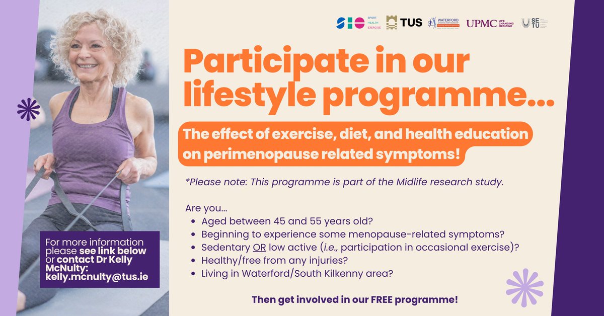 ✨Aged between 45 and 55?
✨Experiencing some menopause symptoms?
✨Living in the Waterford/South Kilkenny area?

Come participate in our lifestyle programme looking at the effect of exercise, diet, and health education on perimenopause related symptoms👇🏼