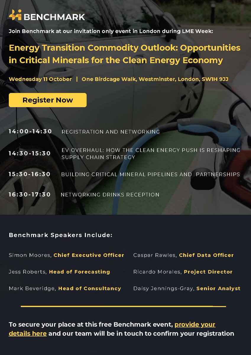 Looking forward to speaking about the latest trends in the #lithium market at <a href="/benchmarkmin/">Benchmark Mineral Intelligence</a>'s event in London during LME Week

Numbers are limited, sign up here - lnkd.in/e2aySG9E