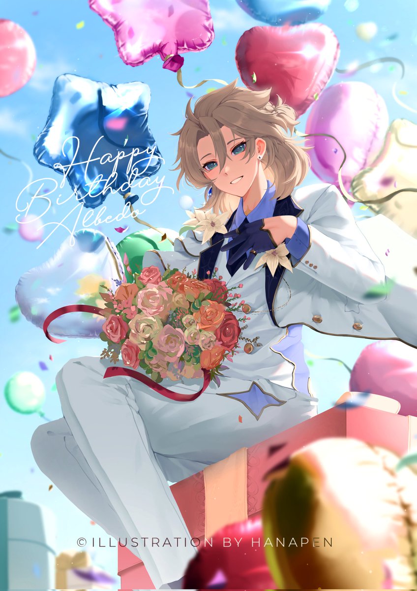 albedo (genshin impact) balloon 1boy male focus bouquet solo flower gloves  illustration images