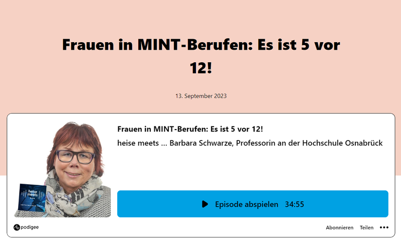kompetenzz | @kompetenzz@bildung.social (@kompetenzz_ev) on Twitter photo "In technischen Berufen können wir auf junge Frauen nicht verzichten!" – <a href="/BarbarasMint/">barbara schwarze</a>, Vereinsvorsitzende von kompetenzz, im Podcast "heise meets" über Frauen in #MINT-Berufen. <a href="/heiseonline/">heise online</a>
🎧Podcast: heise-meets.podigee.io/104-frauen-in-… "In technischen Berufen können wir auf junge Frauen nicht verzichten!" – <a href="/BarbarasMint/">barbara schwarze</a>, Vereinsvorsitzende von kompetenzz, im Podcast "heise meets" über Frauen in #MINT-Berufen. <a href="/heiseonline/">heise online</a>
🎧Podcast: heise-meets.podigee.io/104-frauen-in-…