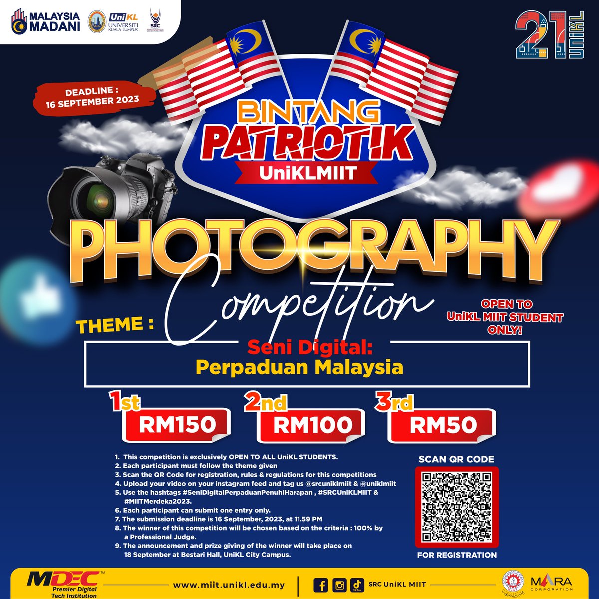 SRCUniKLMIIT's tweet photo. The Student Representatives Committee (SRC) is hosting four exciting competitions for students to participate in: Photography, Short Video, Dance, and Singing. 

(1/2) https://t.co/wA9yWCN2Zi
