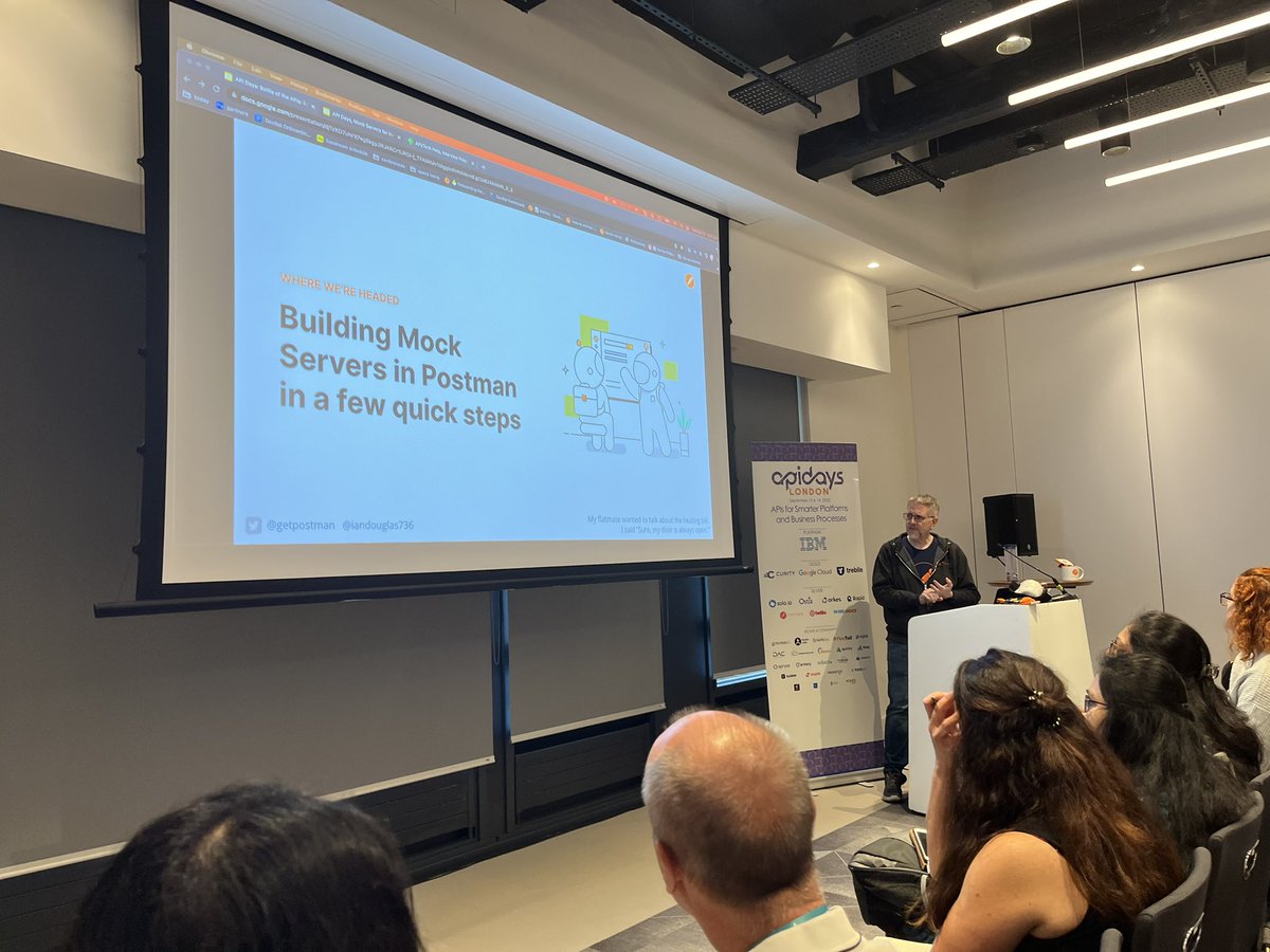lornajane's tweet photo. Nerding out over mock servers with @iandouglas736 from @getpostman at #APIDaysLondon this morning https://t.co/rJOXeVO1i2