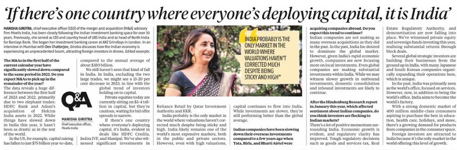 AMinputs's tweet image. Manisha Girotra, CEO of Moelis India and a veteran in Indian investment banker, discusses the current state of India&apos;s economy and its appeal to foreign investors. Despite a slowdown in M&amp;amp;A activity in the first half of 2023, India&apos;s capital flow remains strong compared to global…