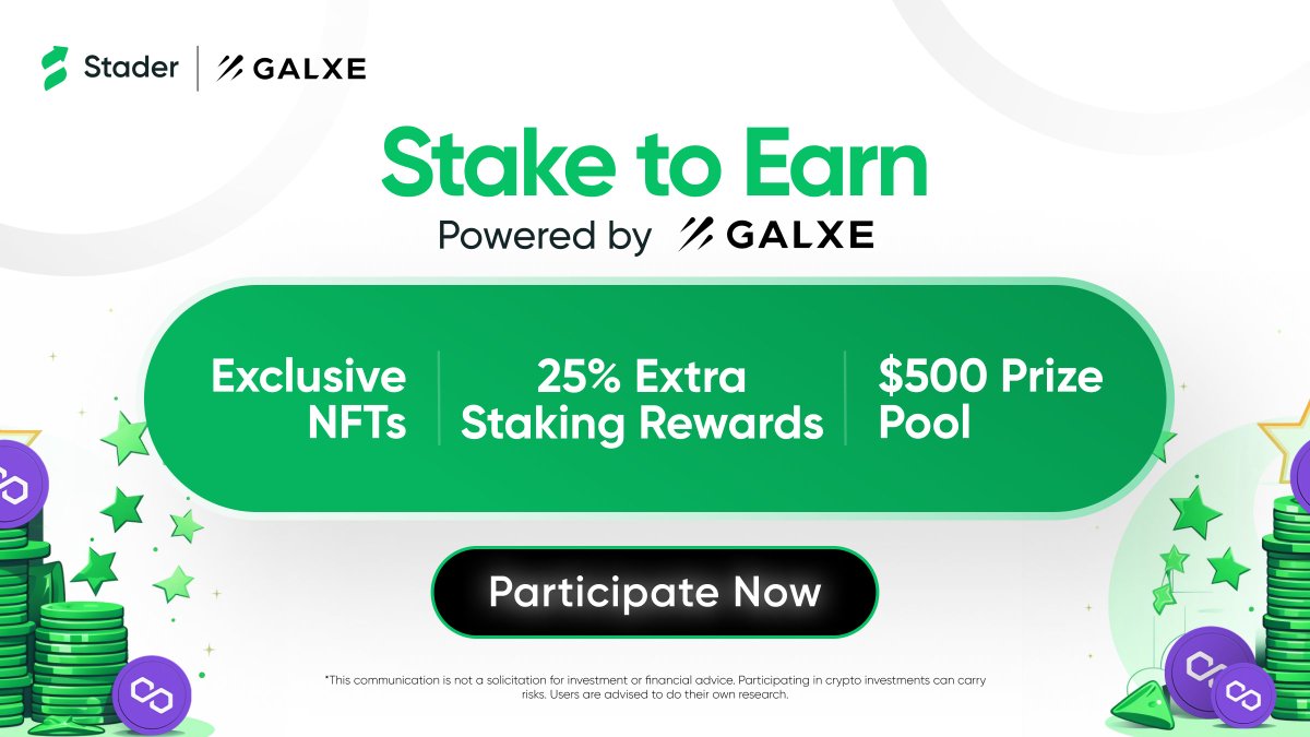 stader_polygon's tweet image. 🚨Are you still waiting to mint NFTs?

Go and get your exclusive NFT NOW!

And win a share of $500 prize + 25% extra staking rewards with Stake To Earn campaign, powered by @Galxe💰

1️⃣Stake 200+ MATIC on Eth with Stader 
2⃣Hold for at least 30 days 
3⃣Follow @stader_polygon on…