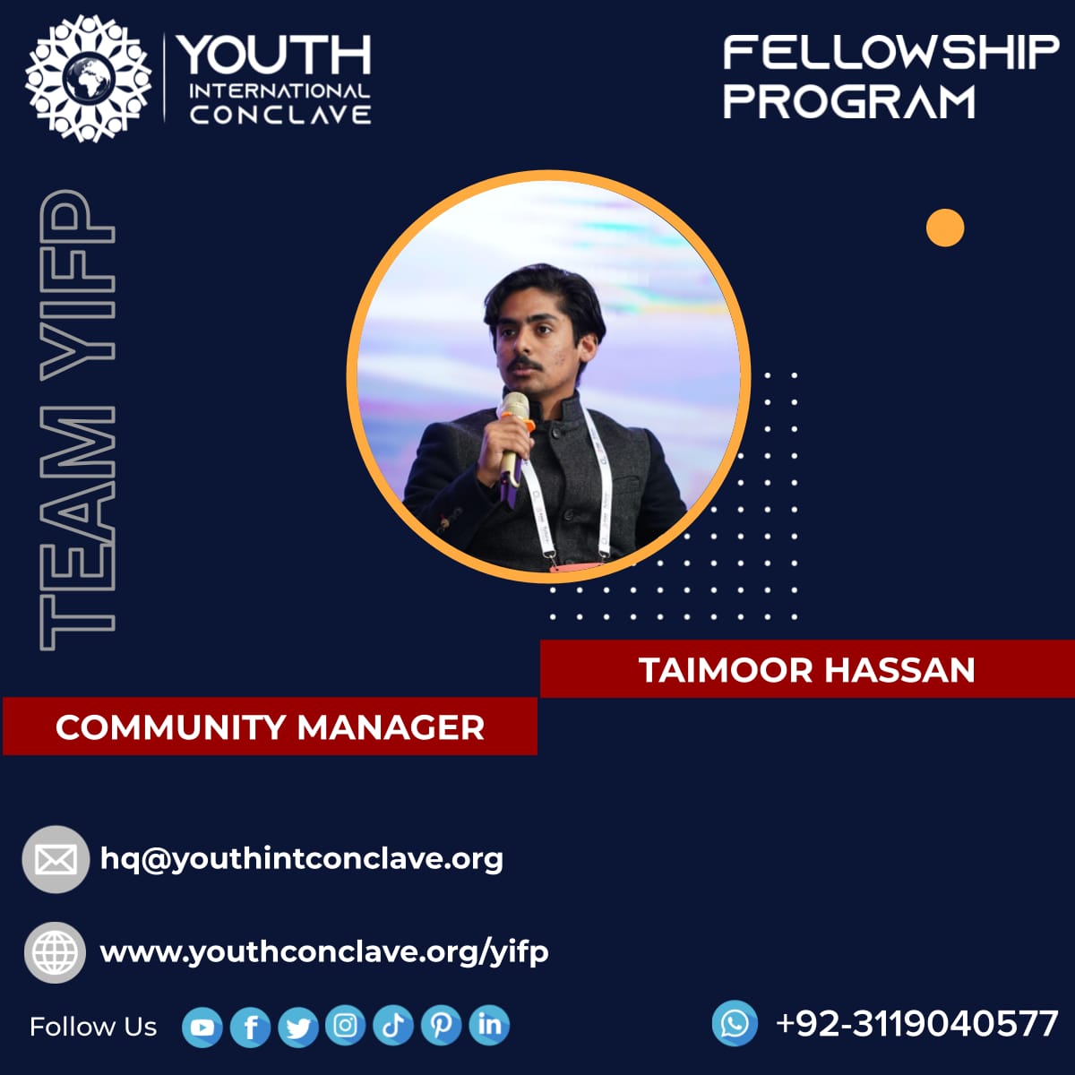 🌟<a href="/youthinconclave/">Youth International Conclave YIC</a>  Announces <a href="/mtaimoorhas/">Taimoor Hassan 🇺🇸🇵🇰</a> as Community Manager🌟

We are elated to announce <a href="/mtaimoorhas/">Taimoor Hassan 🇺🇸🇵🇰</a> as the Community Manager for the <a href="/youthinconclave/">Youth International Conclave YIC</a>!

✨Congratulations! <a href="/mtaimoorhas/">Taimoor Hassan 🇺🇸🇵🇰</a> on your new role! 

YIFP Link: lnkd.in/dfmM789h

#CommunityManager  #YIC #YIFP