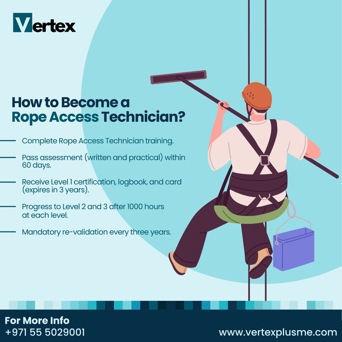 vertexplusme's tweet photo. "Turn your passion for heights into a profession. 
Learn the roadmap to becoming a skilled rope access technician.🏢🧗‍♂
Contact us now for Service!!
Website: https://t.co/A2E5lGn393 
Contact us : +971 55 5029001 
#RopeAccessServicesDubai #VertexPlusDubai #RopeAccess https://t.co/7HU99cooyd