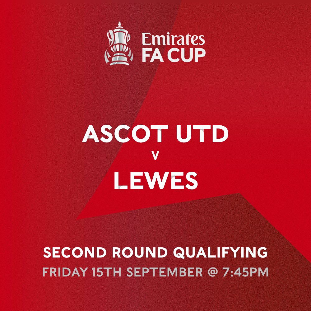 Next up… 💥 ⚽️ 

📅 Friday 15th September
🆚 <a href="/LewesFCMen/">Lewes FC Men</a> 
🏆 <a href="/EmiratesFACup/">Emirates FA Cup</a> 
🏟️ The Racecourse, SL5 7LJ
⏰ 7:45pm Kick Off
🎟️ £10 Adults | £7 Con
🖥 Entry/beer/burger £15 (online)
🍺 Happy Hour 6pm-7pm (30% off)
📖 Printed programme £2
💳 Card only site

#WeAreAscot #UpTheYellas