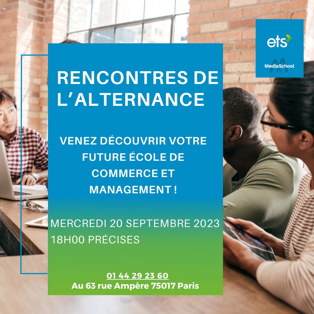 🗓️ Notez bien cette date dans votre agenda : le mercredi 20 septembre à 18h00 précises, nous vous invitons chaleureusement à notre rencontre dédiée à l'alternance.

#AlternanceETS #Rentrée2023 #FormationProfessionnelle #Opportunité #AvenirPrometteur