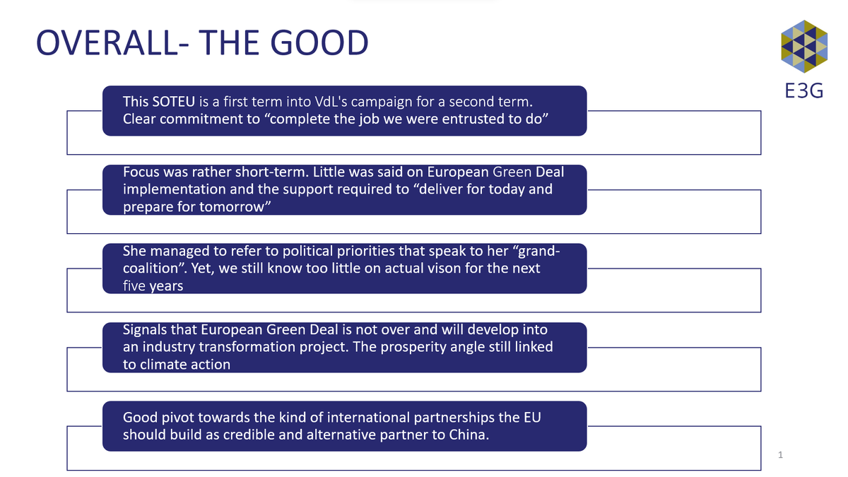 Still very fresh but we tried to get our heads around the speech. First take from <a href="/e3g/">E3G - Third Generation Environmentalism</a> (huge thanks to my amazing colleagues! <a href="/DVangenechten1/">Domien Vangenechten</a> <a href="/ManonDf/">Manon Dufour</a> <a href="/Pieter_de_Pous/">Pieter de Pous</a> <a href="/nkambli/">Namita Kambli</a> <a href="/TsKuzmanova/">Tsvetelina Kuzmanova</a> @goodgal_rherhe <a href="/PepeEscrig/">Pepe Escrig</a> ) 

First, the good👇