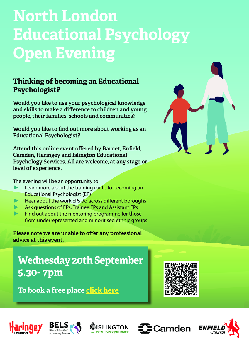 Thinking about a career in Educational Psychology? Come along to our online event and find out more on Wednesday September 20th at 5:30pm. Register your interest here: forms.office.com/Pages/Response…

#twittereps #edutwitter #SEND #psychology 
<a href="/ENFIELDEPS/">Enfield EPS</a> <a href="/HaringeyEduc/">Haringey Education Partnership</a> <a href="/BELSBarnet/">Barnet Education & Learning Service</a>