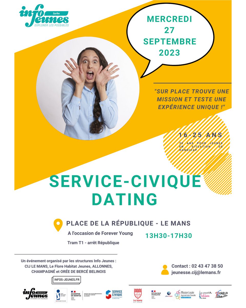 Service-civique dating
"Sur place trouve une mission et teste une expérience unique!"
Mercredi 27 septembre 2023
Place de la république - Le Mans