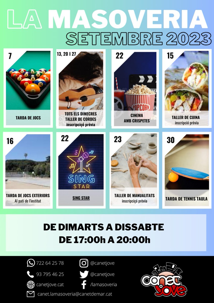 #Agenda #Joventut |  Has vist tot el que t'ofereix La Masoveria aquest setembre? 

⏲️HORARI de l'equipament: de DIMARTS a DISSABTE de 17.00 a 20.00 hores

📚ESPAI D'ESTUDI: de dimarts a dijous de 17.00 a 18.30 hores

ℹ️ 722 64 25 78
canetdemar.cat/24339