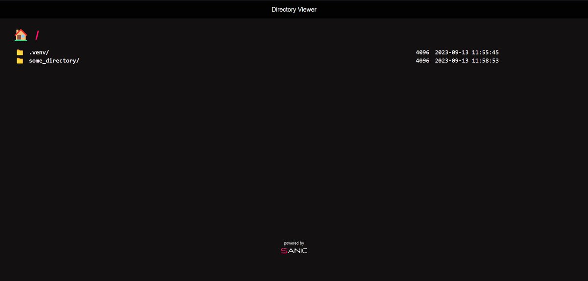 sanicframework's tweet photo. Looking to serve static files with a directory viewer? We've got your back!

Try running:
► sanic --simple <directory>

#PythonSanic #Python #Webserver #WebDev #WebDevelopment https://t.co/UYj5wSLpxC