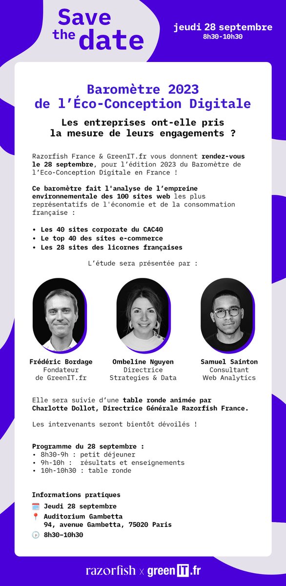 GreenIT.fr (@greenit) on Twitter photo Les sites web français sont-ils éco-conçus ? Quels sont les champions parmi le #CAC40 ?
Découvrez les résultats du "Baromètre de l'écoconception digitale" le 28 septembre, de 8h30 à 10h30, à Paris, par <a href="/RazorfishFrance/">Razorfish France</a> et <a href="/greenit/">GreenIT.fr</a>
Inscription : bit.ly/3Rn6iLo Les sites web français sont-ils éco-conçus ? Quels sont les champions parmi le #CAC40 ?
Découvrez les résultats du "Baromètre de l'écoconception digitale" le 28 septembre, de 8h30 à 10h30, à Paris, par <a href="/RazorfishFrance/">Razorfish France</a> et <a href="/greenit/">GreenIT.fr</a>
Inscription : bit.ly/3Rn6iLo