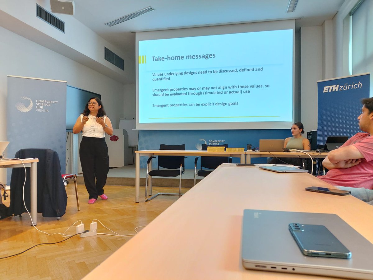 SOSBanerjee's tweet photo. "Designing Emergence" in my talk today at #ComplexityScienceHubVienna with @COSS_eth, I present the significance of emergent values in the design and analysis of socio-technical and ecological systems, such as co-existence with nature and participation during disasters. https://t.co/js8sygrsgm