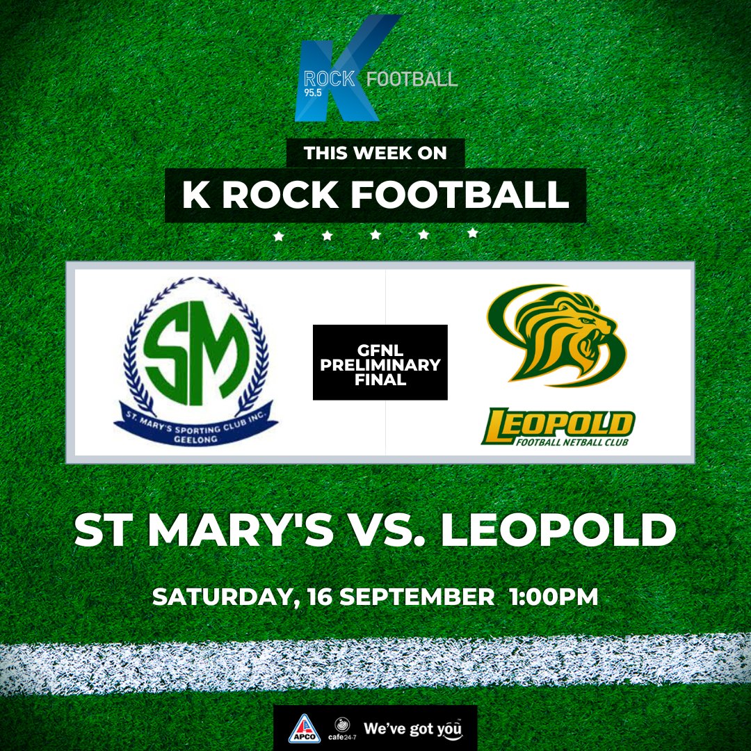 📻 GFNL PRELIMINARY FINAL 📻

<a href="/stmarys_sc/">StMarysSportingClub</a>  vs. <a href="/LeopoldLions/">Leopold Lions</a> 

Proudly brought to you by APCO Café 24/7

📍   Leopold Memorial Park
⏰ 1:00pm
📻 FM 95.5
💻 krockfootball.live
📺 aflbarwon.com.au
🎙 Tom King, Jason Doherty, Matt Kershaw &amp; Jane Burch