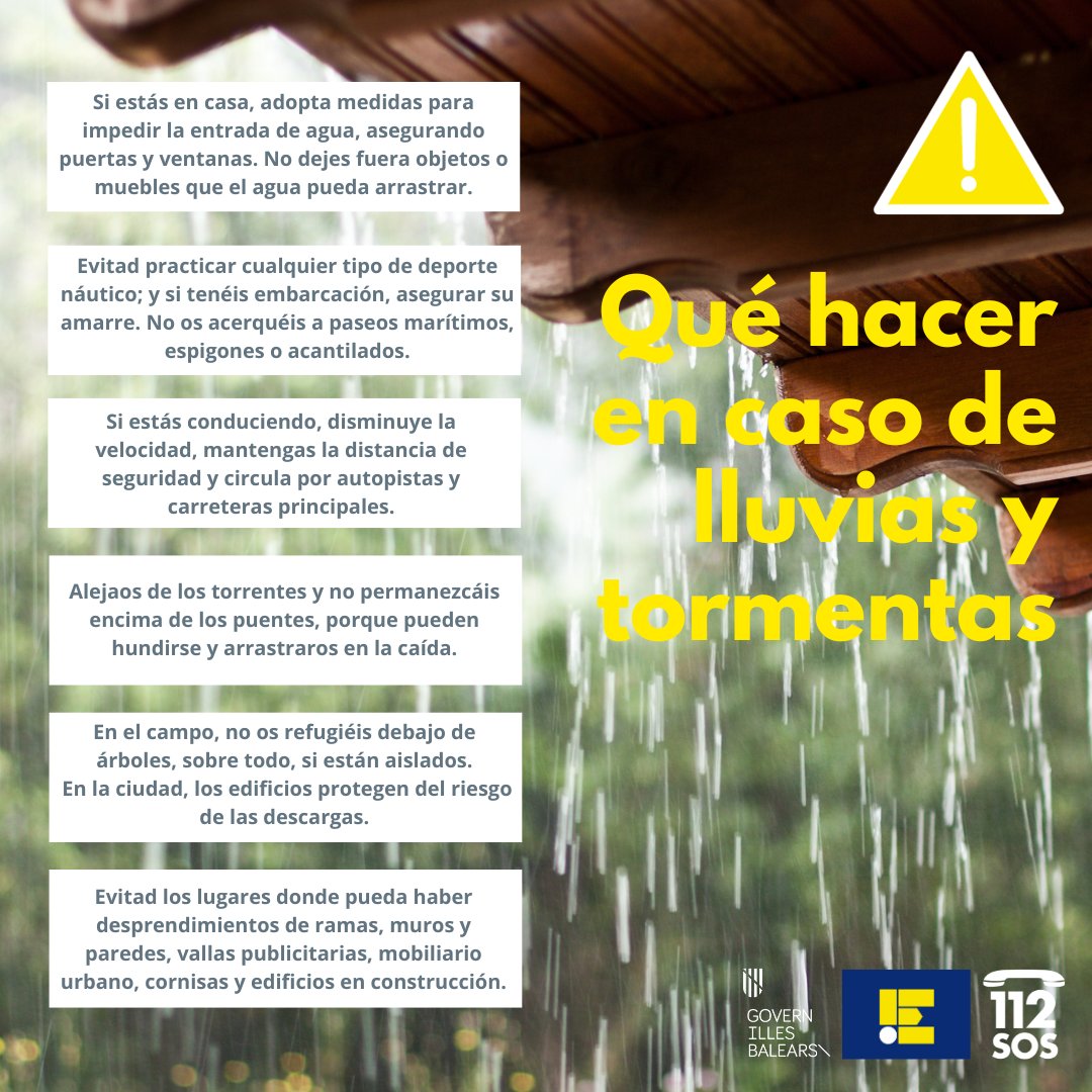 🟠 Activado el IG1 por lluvias y tormentas en Mallorca.  

⚠️ ¡Mucha precaución!

▶️ Sigue estos consejos de autoprotección: