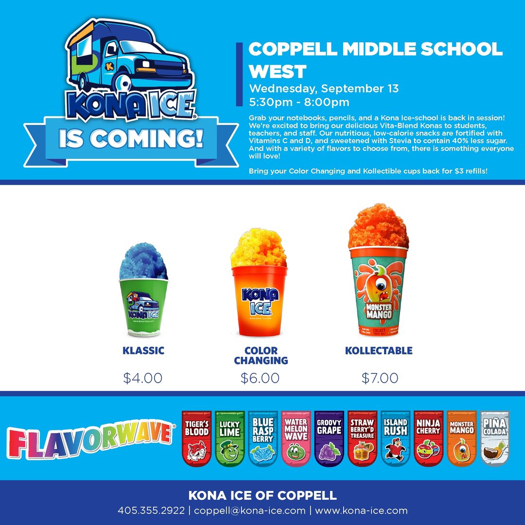 Join us tonight for Parent University (5:15), Curriculum Night (6:00), and the Kona Ice Truck (5:30-8:00) #westfam