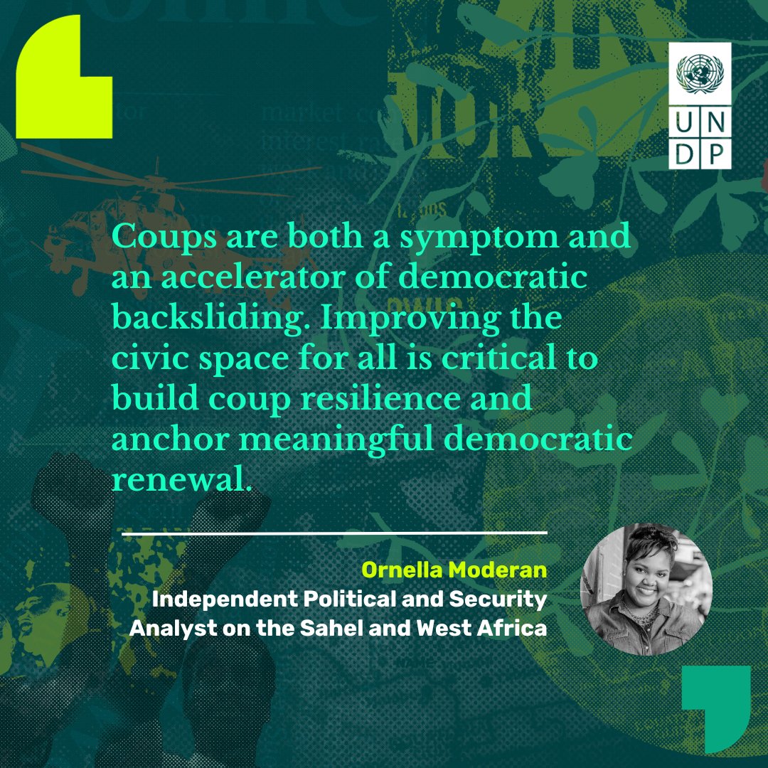 👉 Our #SoldiersAndCitizens report found that for post-coup transitions to succeed, they must be inclusive. 

At our event with @ChathamHouse today, panellist @Nella_Moderan explained why strengthening the civic space is necessary for democratic renewal 🌍

#InclusiveTransitions