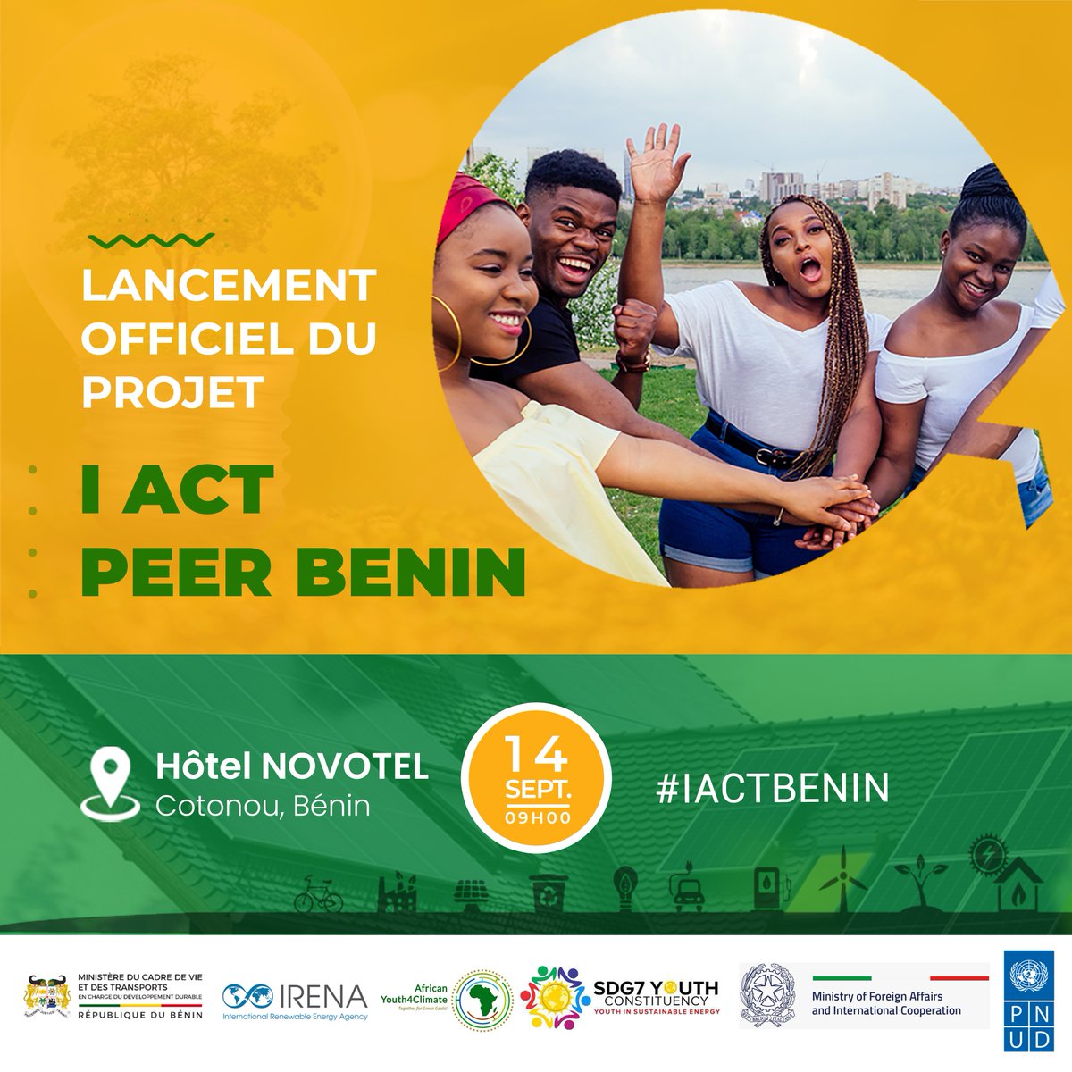 PNUDBenin's tweet photo. Marquez vos agendas !

Lancement demain du projet " I ACT PEER BENIN ", initié par de jeunes 🇧🇯 leaders du climat avec le soutien de l'Ambassade d'Italie 🇮🇹 au Bénin, @IRENA @PNUDBenin
️🗓️14 Septembre 2023 à 09: 00
📍Hôtel Novotel, Cotonou

#IActBenin #Youth4Climate https://t.co/H7X1v67R2z