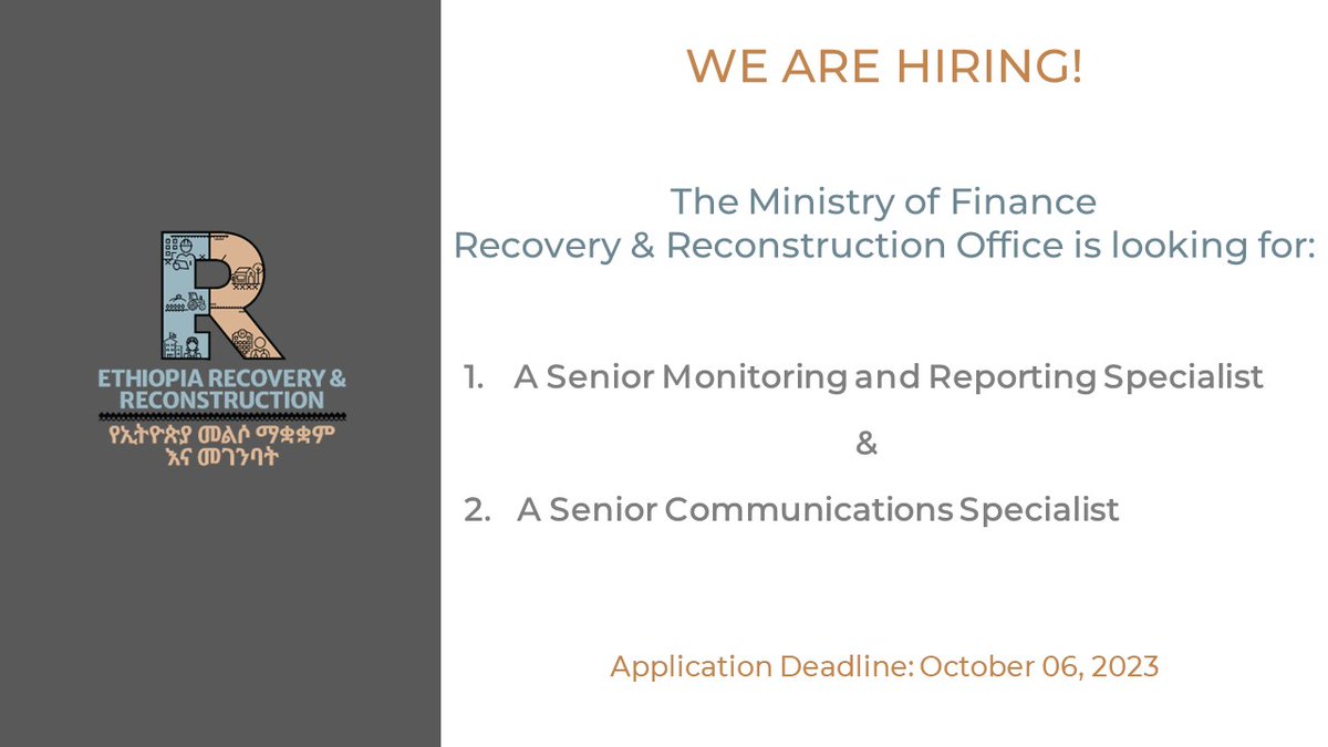 We are #hiring
MoF Recovery &amp; Reconstruction Office is looking for:   

- An experienced Monitoring &amp; Reporting Specialist
- An experienced PR &amp; Communications Specialist 

More information available at: 
drive.google.com/file/d/1bPxmEX…
&amp;
drive.google.com/file/d/1v5G9w2…

Apply by October 6, 2023
